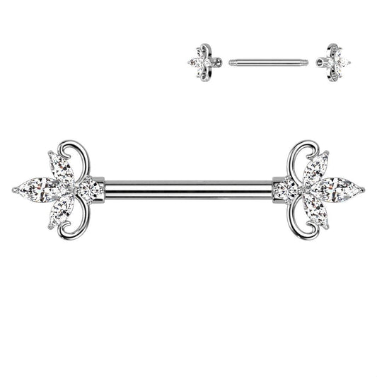 Brustwarzenpiercing mit doppeltem Herz und drei Marquise-Zirkonia, Barbell aus 316L Chirurgenstahl. (9184312131912)