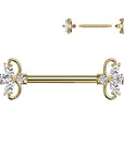 Brustwarzenpiercing mit doppeltem Herz und drei Marquise-Zirkonia, Barbell aus vergoldetem 316L Chirurgenstahl. (9184319275336)