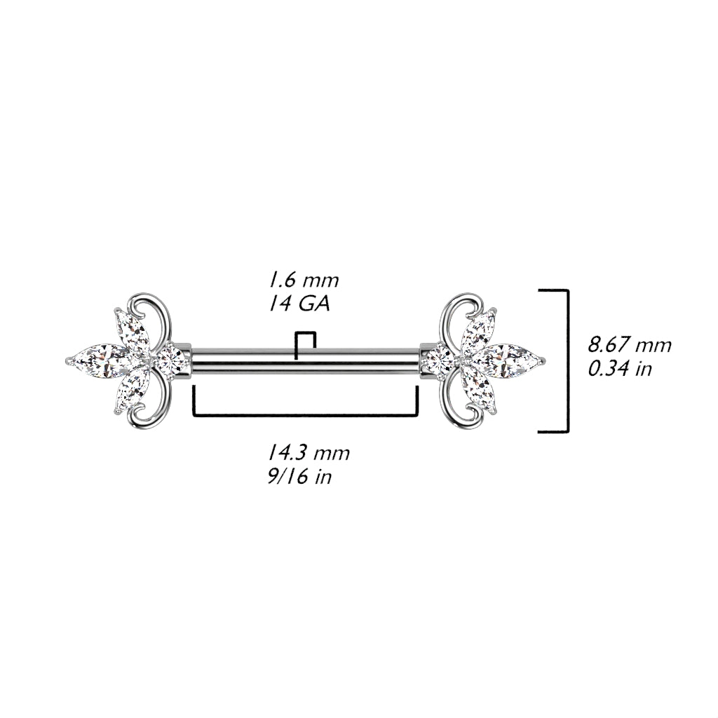 Brustwarzenpiercing mit doppeltem Herz und drei Marquise-Zirkonia, Barbell aus 316L Chirurgenstahl und größenangaben (9184319275336)