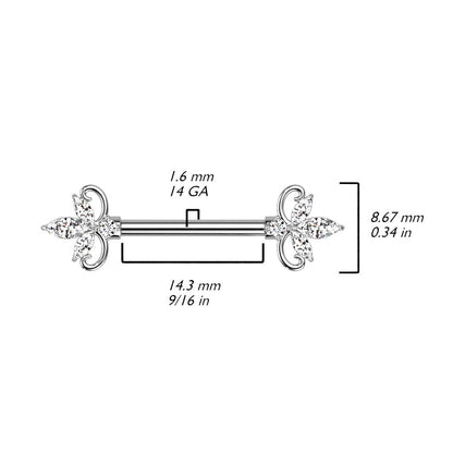 Brustwarzenpiercing mit doppeltem Herz und drei Marquise-Zirkonia, Barbell aus 316L Chirurgenstahl. (9184312131912)