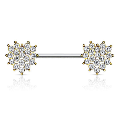 Brustwarzenpiercing Herzförmige Nippel-Barbell-Ringe aus 316L Chirurgenstahl vergoldet  mit glitzernden Kristallen  (9184331923784)