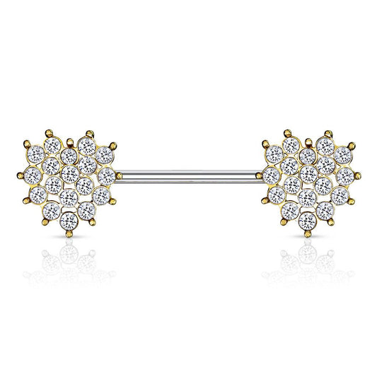 Brustwarzenpiercing Herzförmige Nippel-Barbell-Ringe aus 316L Chirurgenstahl vergoldet  mit glitzernden Kristallen  (9184331923784)