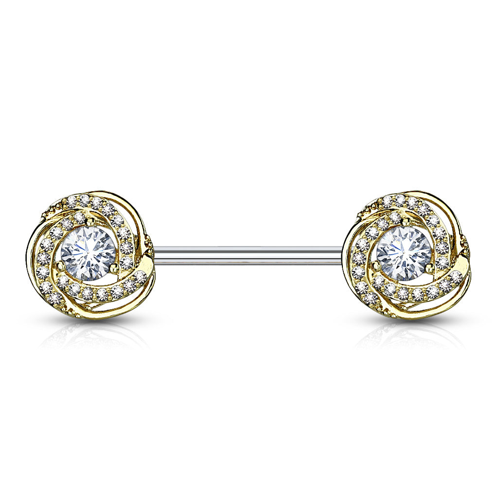 Vergoldetes Chirurgenstahl Brustpiercing mit Rosendesign und Zirkonia Kristallen (9184403423560)