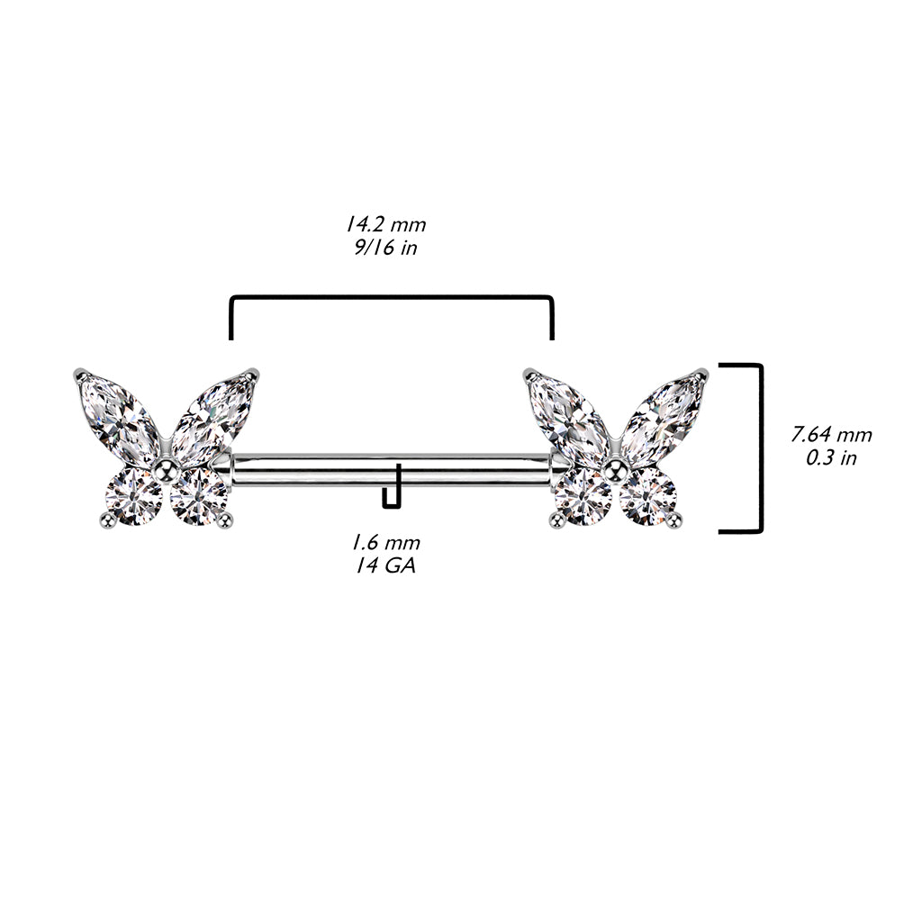 Brustwarzenpiercing mit Schmetterling Motiv und Zirkonia Kristallen - Chirurgenstahl 316L (9248428032328)