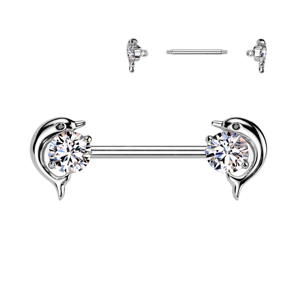 Brustwarzenpiercing mit Delfin-Motiv und Zirkonia Kristallen - Chirurgenstahl 316L (9248432914760)