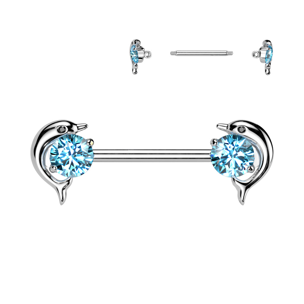 Brustwarzenpiercing mit Delfin-Motiv und Zirkonia Kristallen - Chirurgenstahl 316L (9248432914760)