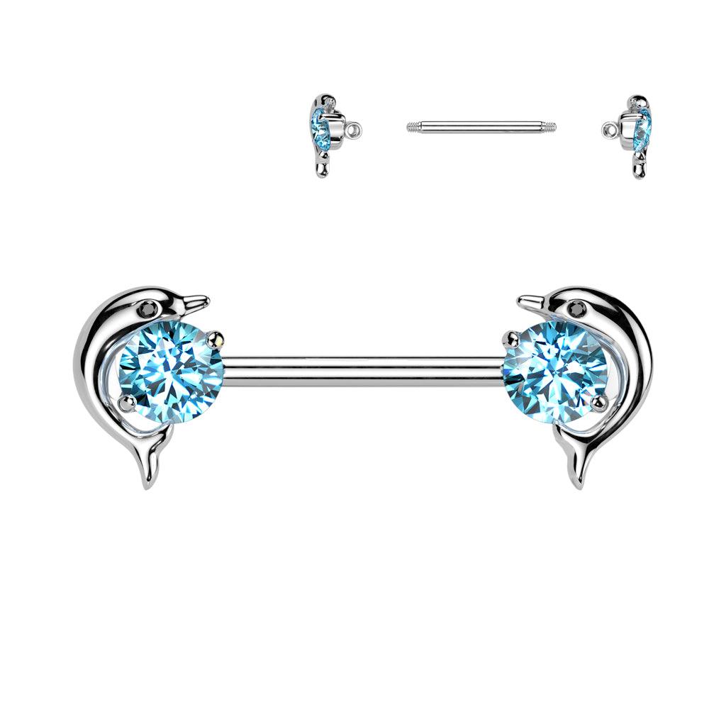 Brustwarzenpiercing mit Delfin-Motiv und Zirkonia Kristallen - Chirurgenstahl 316L (9248432914760)