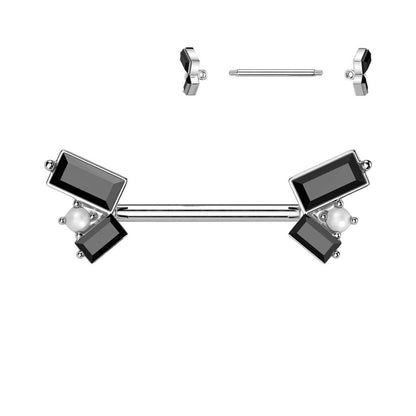 Brustwarzenpiercing mit 2 schwarzen Baguette Zirkonia Kristallen und Perlen Aufsatz - Chirurgenstahl 316L (9248436584776)