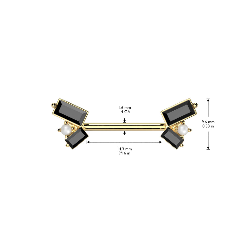 Brustwarzenpiercing mit 2 schwarzen Baguette Zirkonia Kristallen und Perlen Aufsatz - Chirurgenstahl 316L (9248436584776)