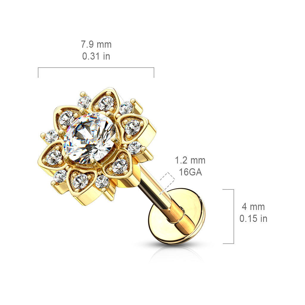 Ohrpiercing mit Blumenmotiv und gerundeten eingefassten Zirkonia Kristallen - Chirurgenstahl 316L (9248909918536)