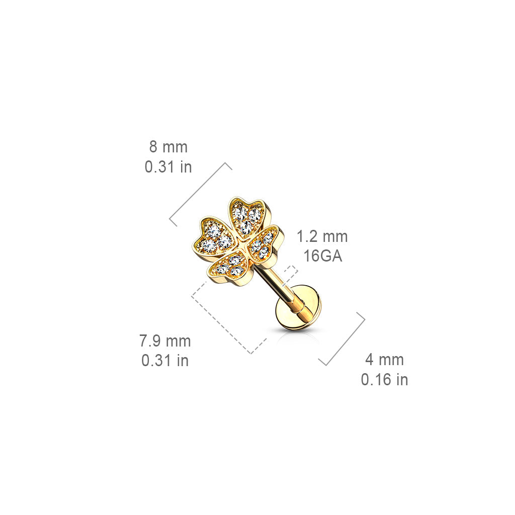 Ohrpiercing mit Kleeblatt Motiv und Zirkonia Kristallen - Chirurgenstahl 316L (9249020870984)