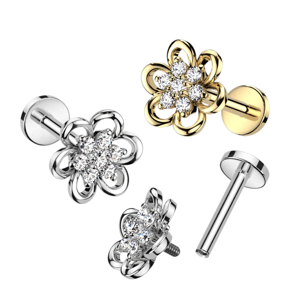 Ohrpiercing "Hollow Flower" mit eingefassten Zirkonia Kristallen - Chirurgenstahl 316L (9249097711944)