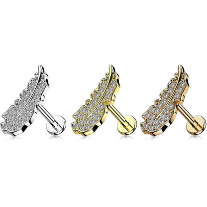 Ohrpiercing "Feather" vergoldet mit Zirkonia Steinen (Chirurgenstahl 316L) - Royal Skin Jewelry (9123529392456)