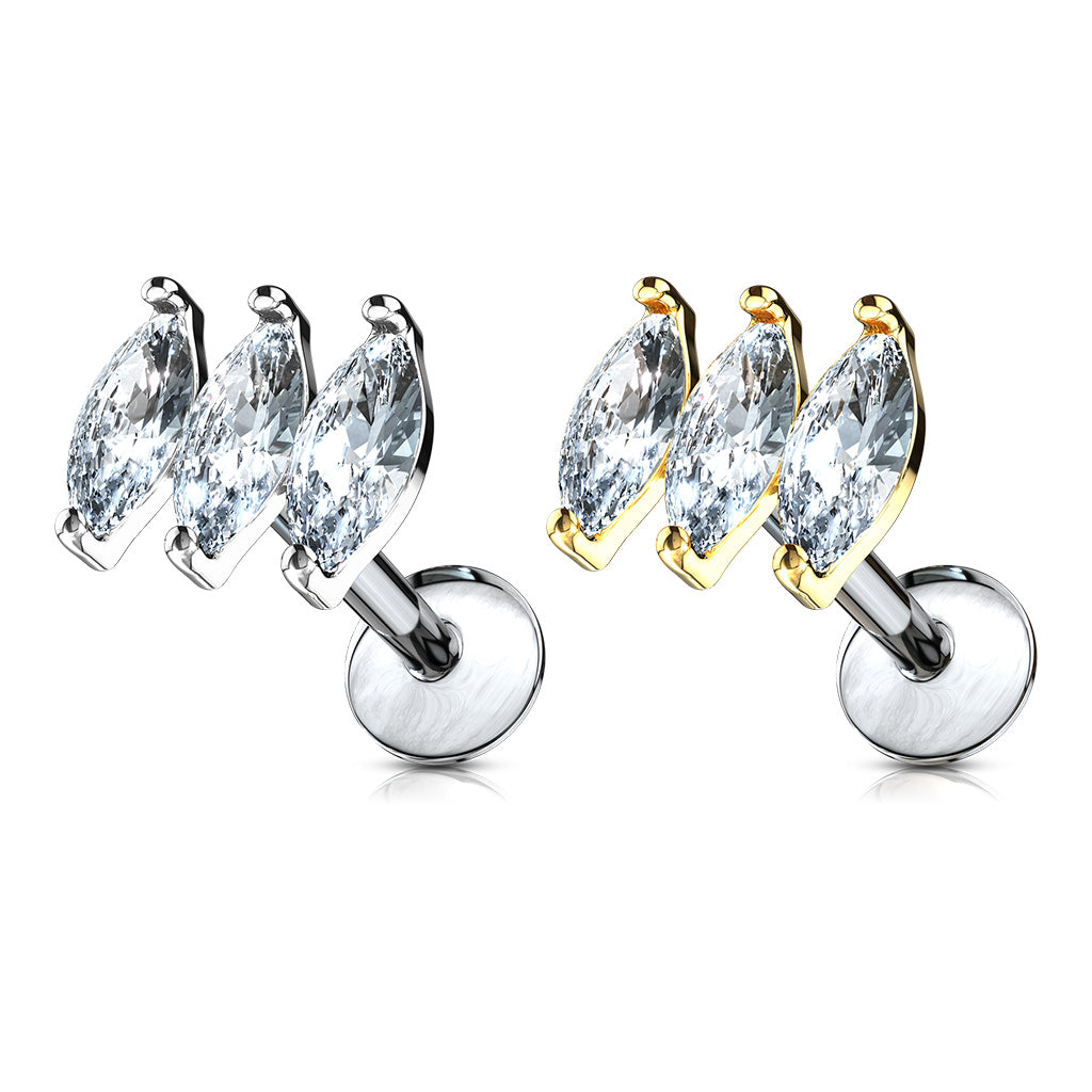 Ohrpiercing mit 3 Marquise Zirkonia Kristallen - Chirurgenstahl 316L (9249224655176)