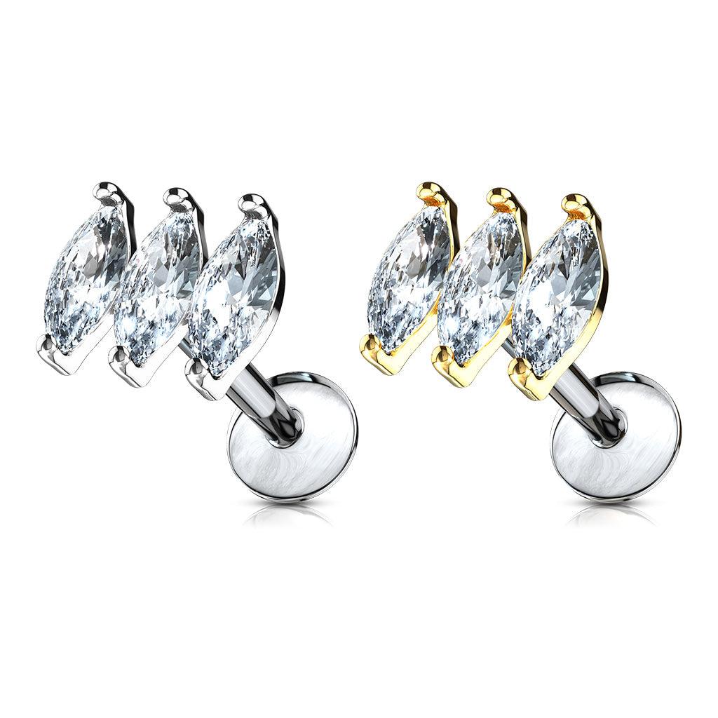 Ohrpiercing mit 3 Marquise Zirkonia Kristallen - Chirurgenstahl 316L (9249224655176)