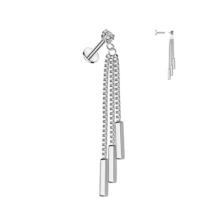Ohrpiercing mit 3 Stäben an Kette und Zirkonia Kristall - Chirurgenstahl 316L (9253650202952)