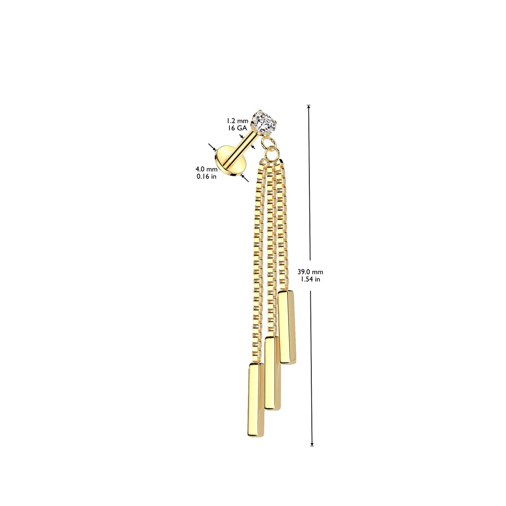 Ohrpiercing mit 3 Stäben an Kette und Zirkonia Kristall - Chirurgenstahl 316L (9253650202952)