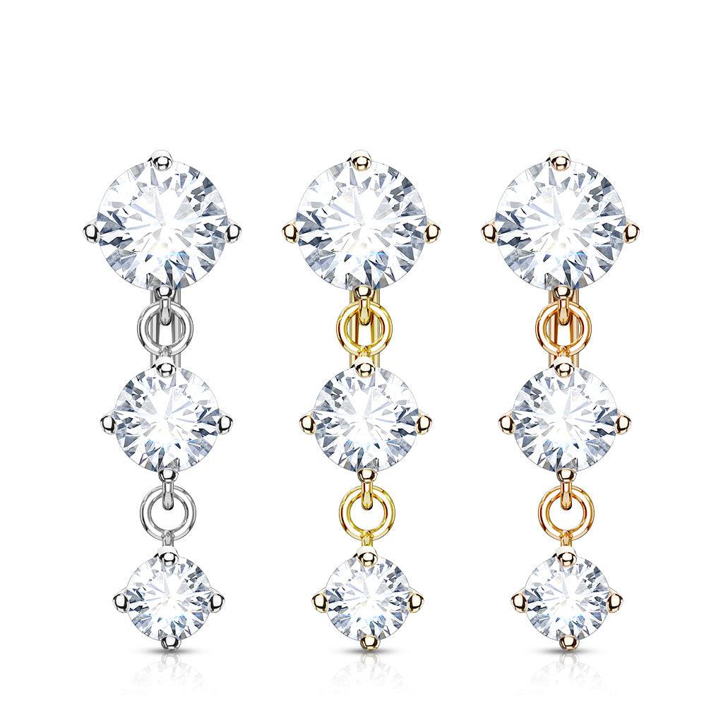 Bauchnabel Piercing mit 3 hängenden runden Zirkonia Kristallen - Chirurgenstahl 316L (9253730648392)