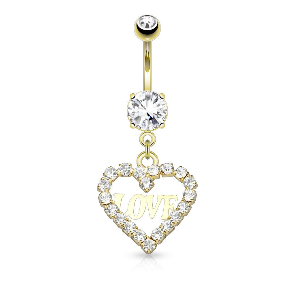 Bauchnabelpiercing mit Herz Anhänger und Love Schrift mit eingefassten Zirkonia Kristallen (9292656410952)