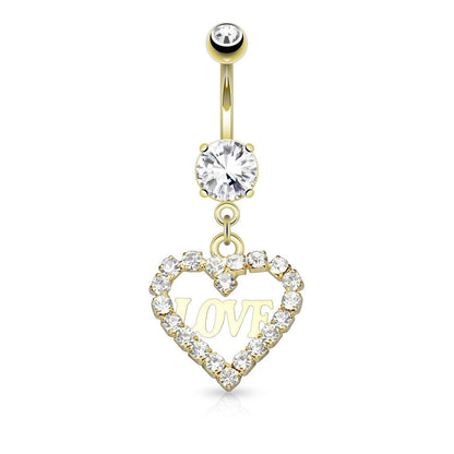 Bauchnabelpiercing mit Herz Anhänger und Love Schrift mit eingefassten Zirkonia Kristallen (9292656410952)