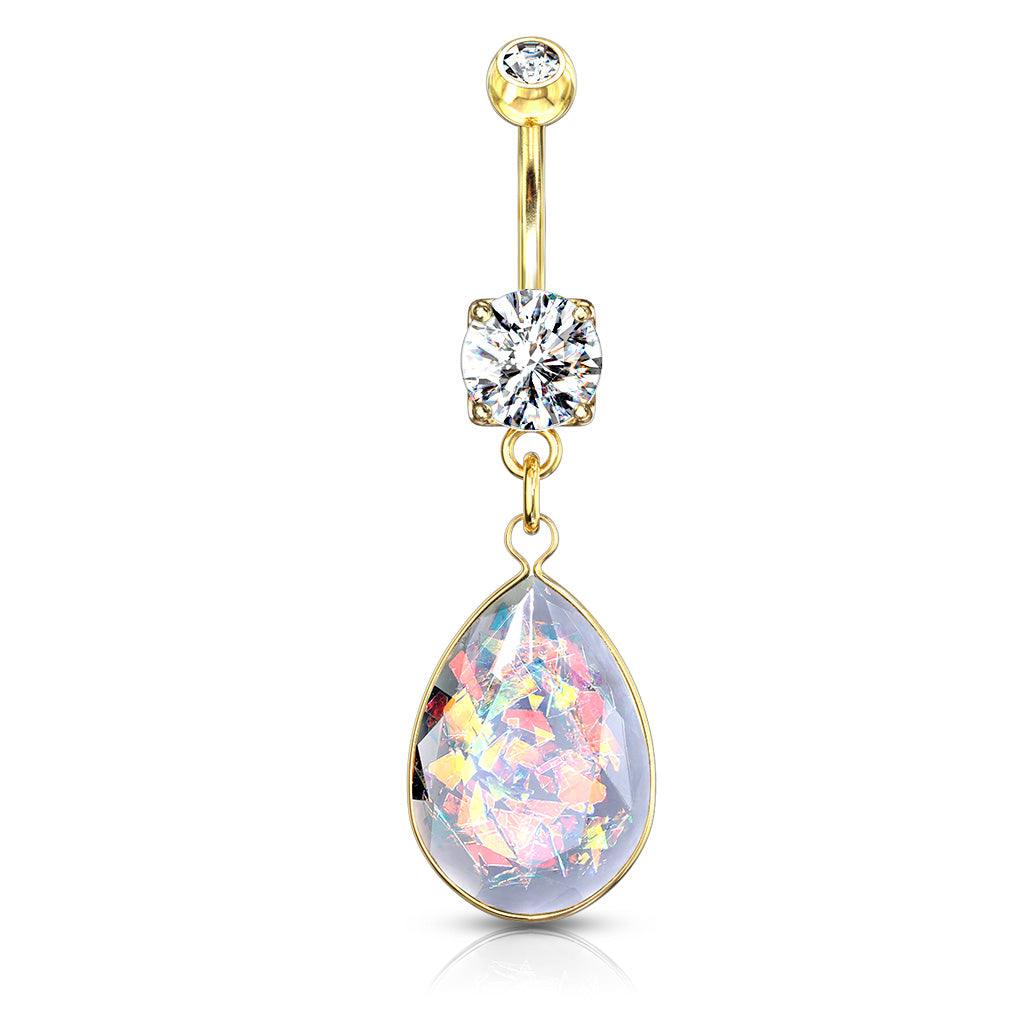 Bauchnabelpiercing mit Rainbow Opalite Stein Anhänger und Zirkonia Kristall (9307925578056)