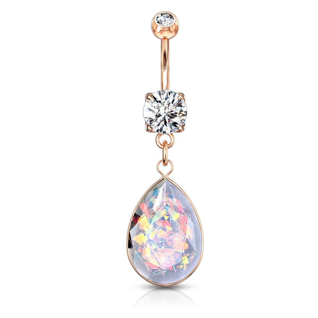 Bauchnabelpiercing mit Rainbow Opalite Stein Anhänger und Zirkonia Kristall (9307925578056)