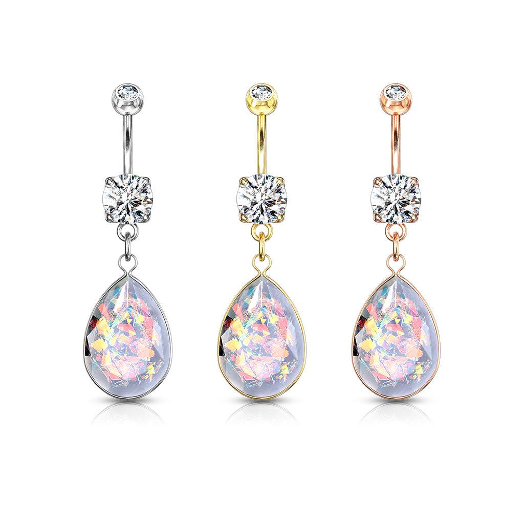 Bauchnabelpiercing mit Rainbow Opalite Stein Anhänger und Zirkonia Kristall (9307925578056)