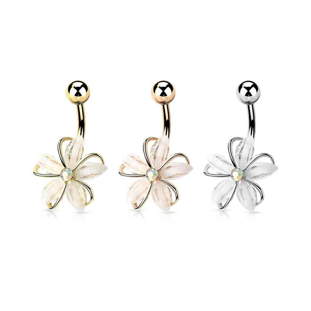 Bauchnabelpiercing "White Blossom" mit Zirkonia Kristall (9307633320264)