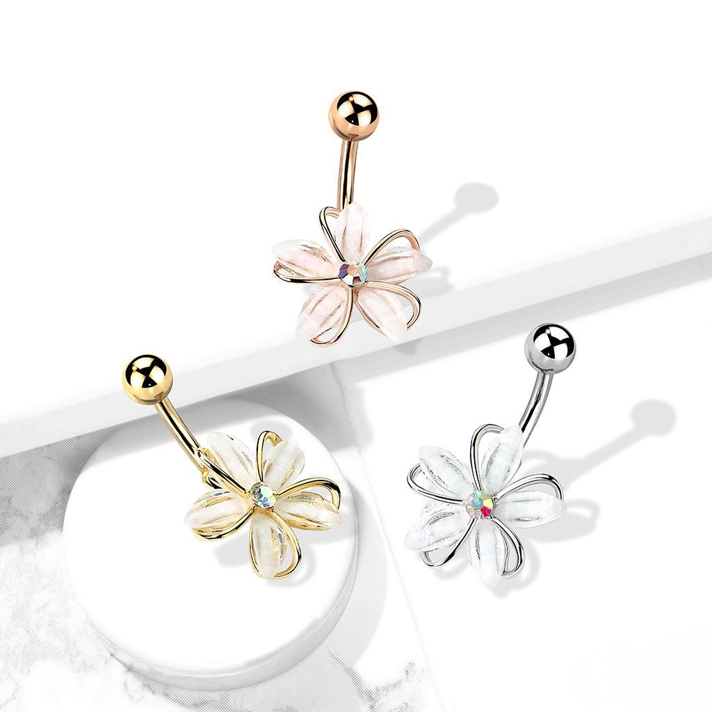 Bauchnabelpiercing "White Blossom" mit Zirkonia Kristall (9307633320264)