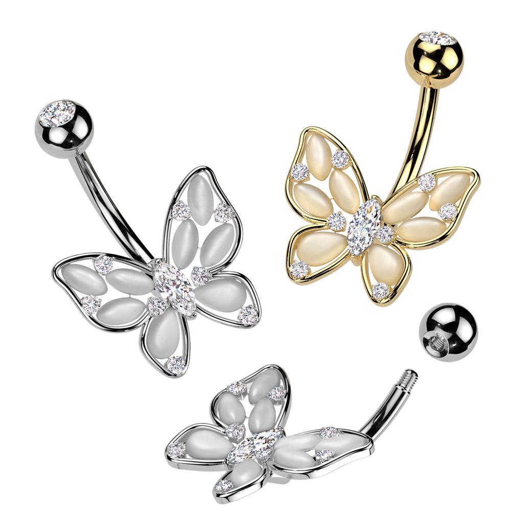 Bauchnabelpiercing "Butterfly Glow" mit Zirkonia Kristallen und Cat Eyes Opal (9307550941512)