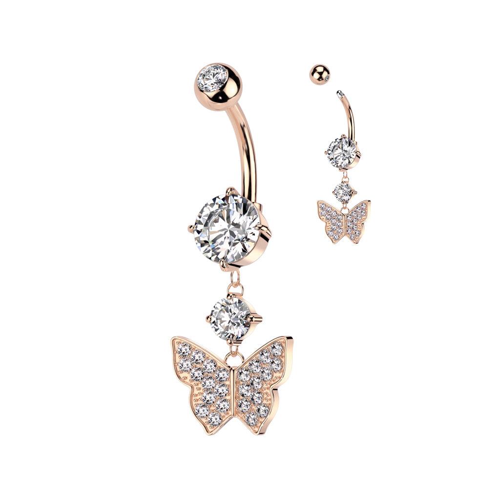 Bauchnabelpiercing mit Schmetterling Anhänger mit eingefassten Zirkonia Steinen (9301352546632)