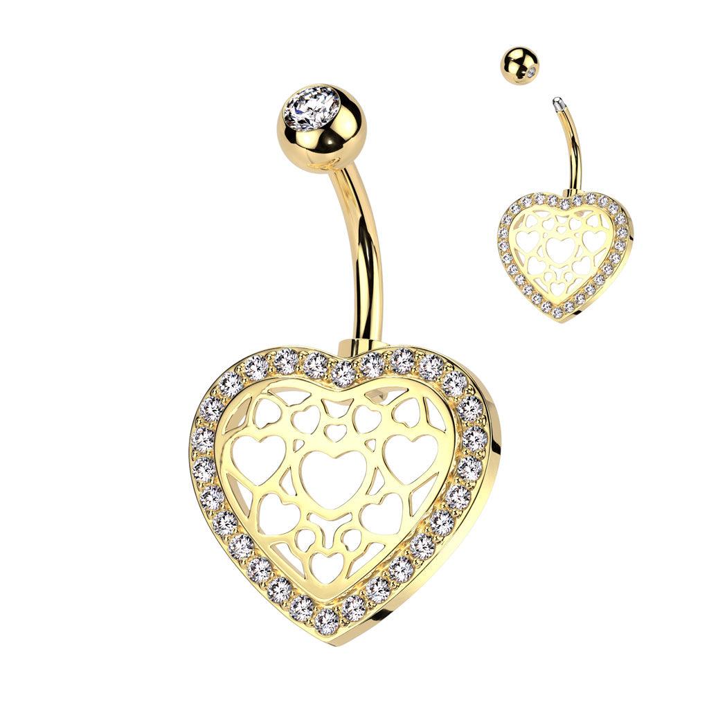 Bauchnabelpiercing mit Herz Motiv und Gitter mit eingefassten Zirkonia Kristallen (9301288321352)