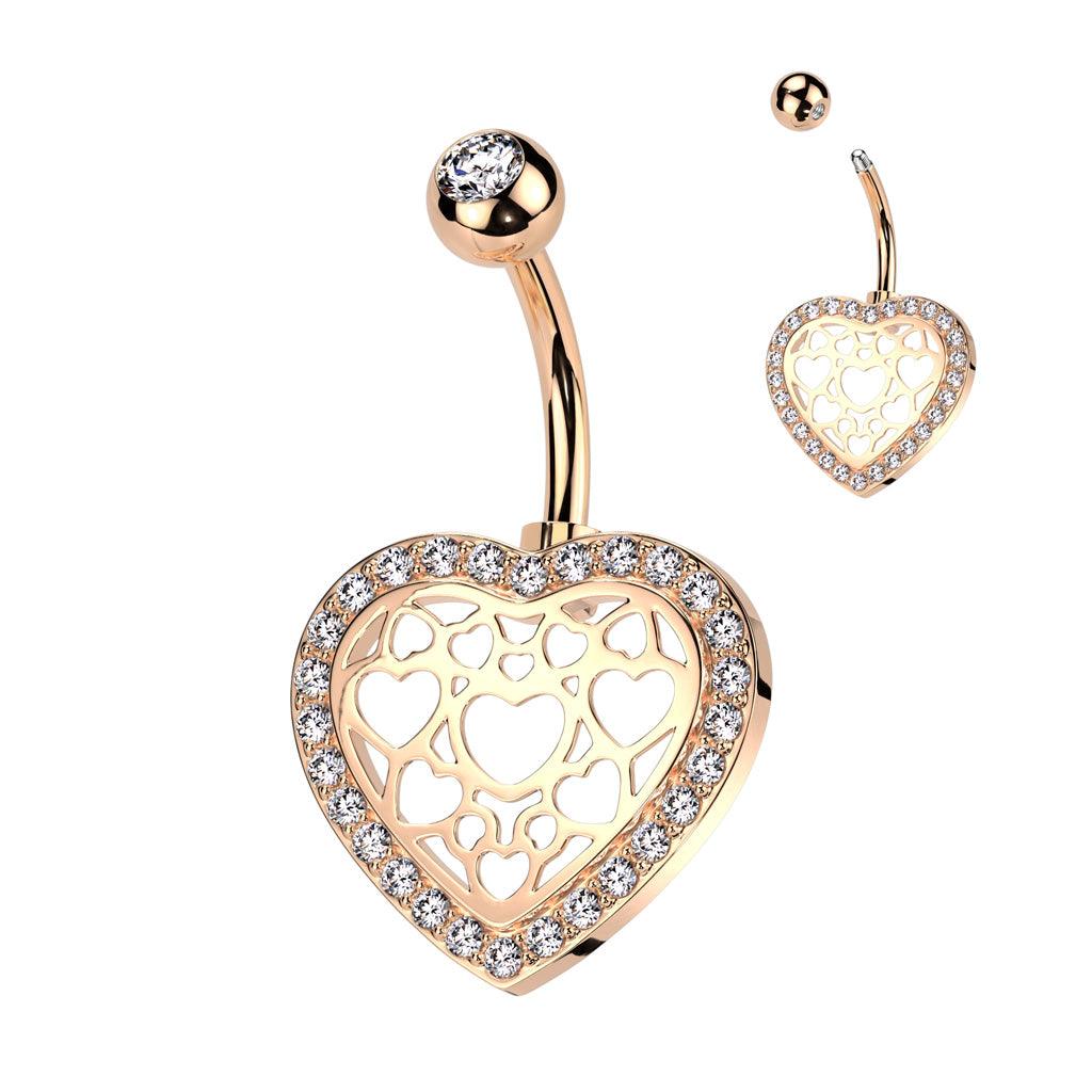 Bauchnabelpiercing mit Herz Motiv und Gitter mit eingefassten Zirkonia Kristallen (9301288321352)
