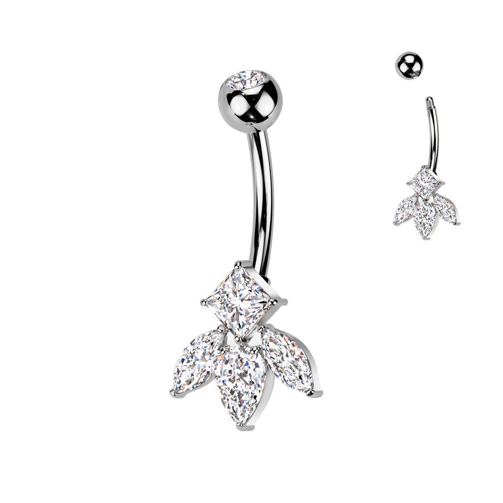 TITAN Bauchnabelpiercing mit eingefassten Quadrat und 3 Marquise Zirkonia Kristallen (9298275500360)