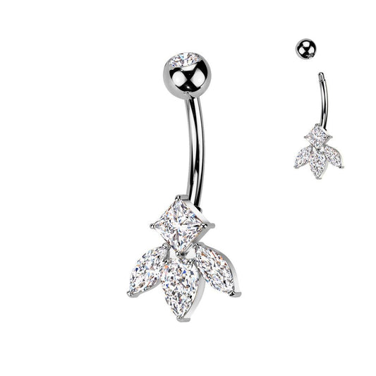 TITAN Bauchnabelpiercing mit eingefassten Quadrat und 3 Marquise Zirkonia Kristallen (9298275500360)
