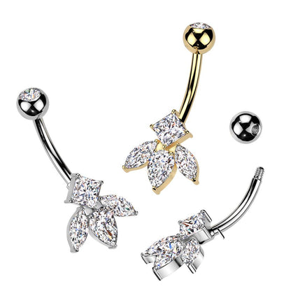 TITAN Bauchnabelpiercing mit eingefassten Quadrat und 3 Marquise Zirkonia Kristallen (9298275500360)