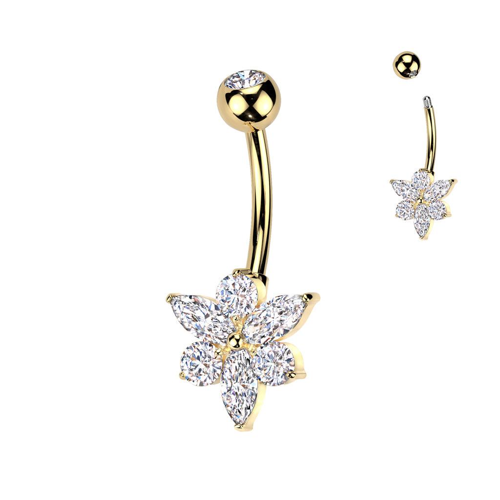 TITAN Bauchnabelpiercing Blüten Motiv mit eingefassten Marquise Zirkonia Kristallen (9298235785544)