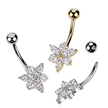 TITAN Bauchnabelpiercing Blüten Motiv mit eingefassten Marquise Zirkonia Kristallen (9298235785544)