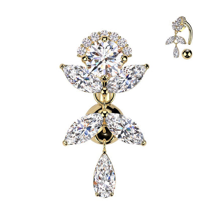 TITAN Bauchnabelpiercing mit hängendem Blätter Motiv und Zirkonia Kristallen (9298185716040)