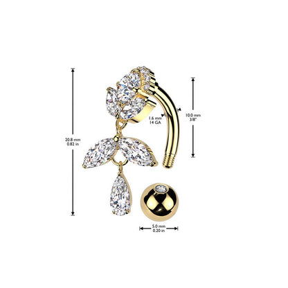 TITAN Bauchnabelpiercing mit hängendem Blätter Motiv und Zirkonia Kristallen (9298185716040)