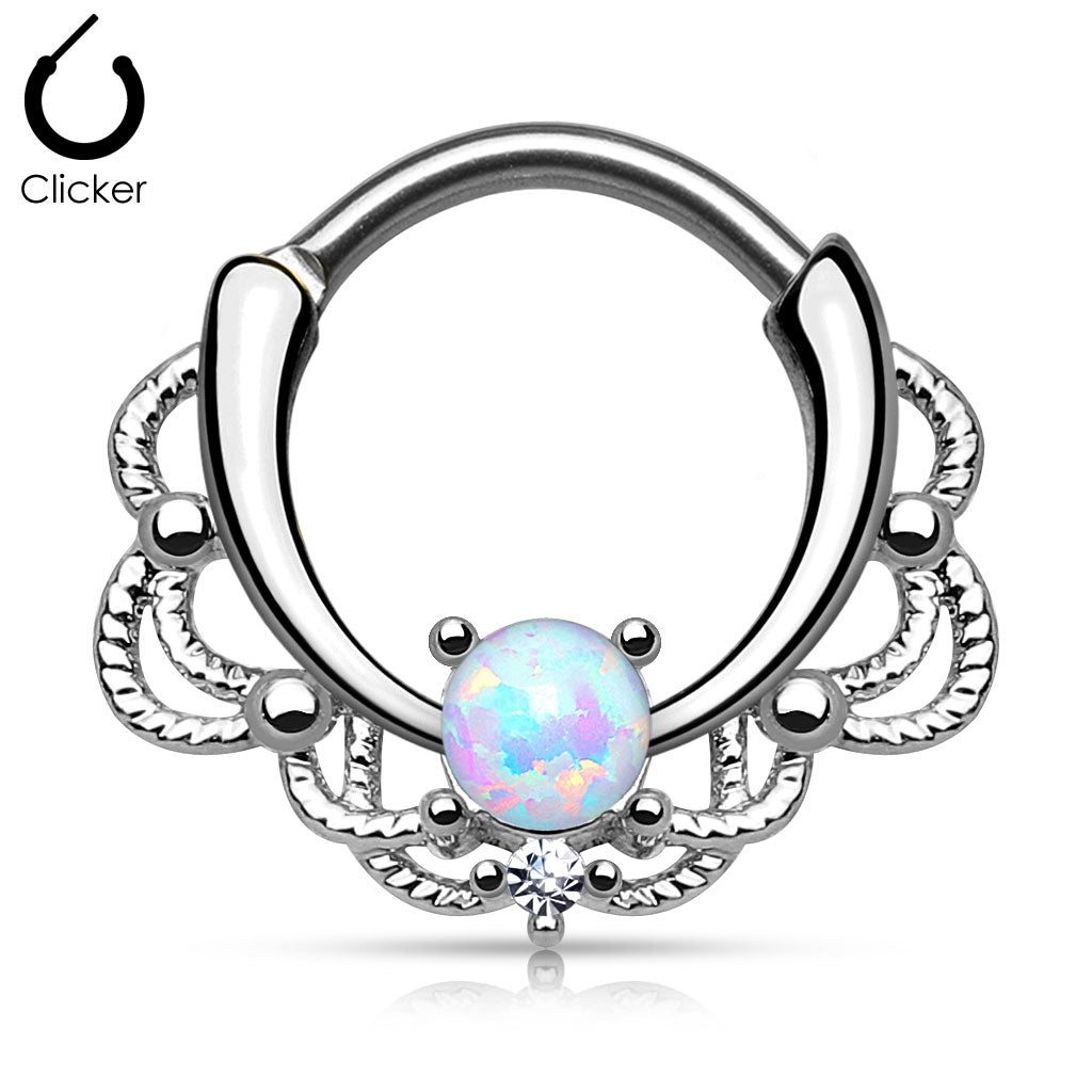 septumpiercing segmentclicker  chirurgenstahl silber mit opal kistall filigranem ring (9186979512648)